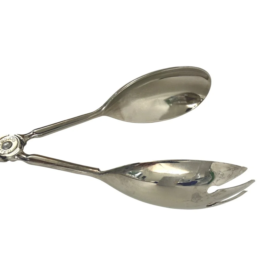 Vintage Plated Silver Salad Serving Tongs Scissor Style Spoon Fork 10